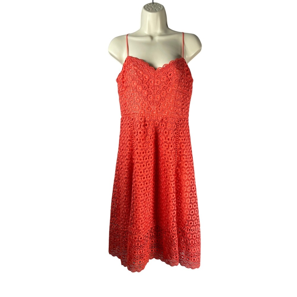 J Crew Sun Dress 4 Coral Daisy Lace Fit & Flare Spaghetti Strap G7489 Boho‎ Cute